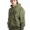 Washed Script Logo Zip Hoodie Washed Olive