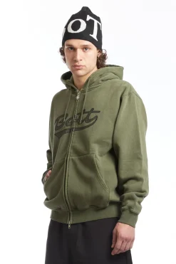 Washed Script Logo Zip Hoodie Washed Olive