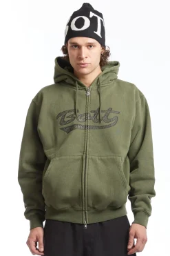 Washed Script Logo Zip Hoodie Washed Olive